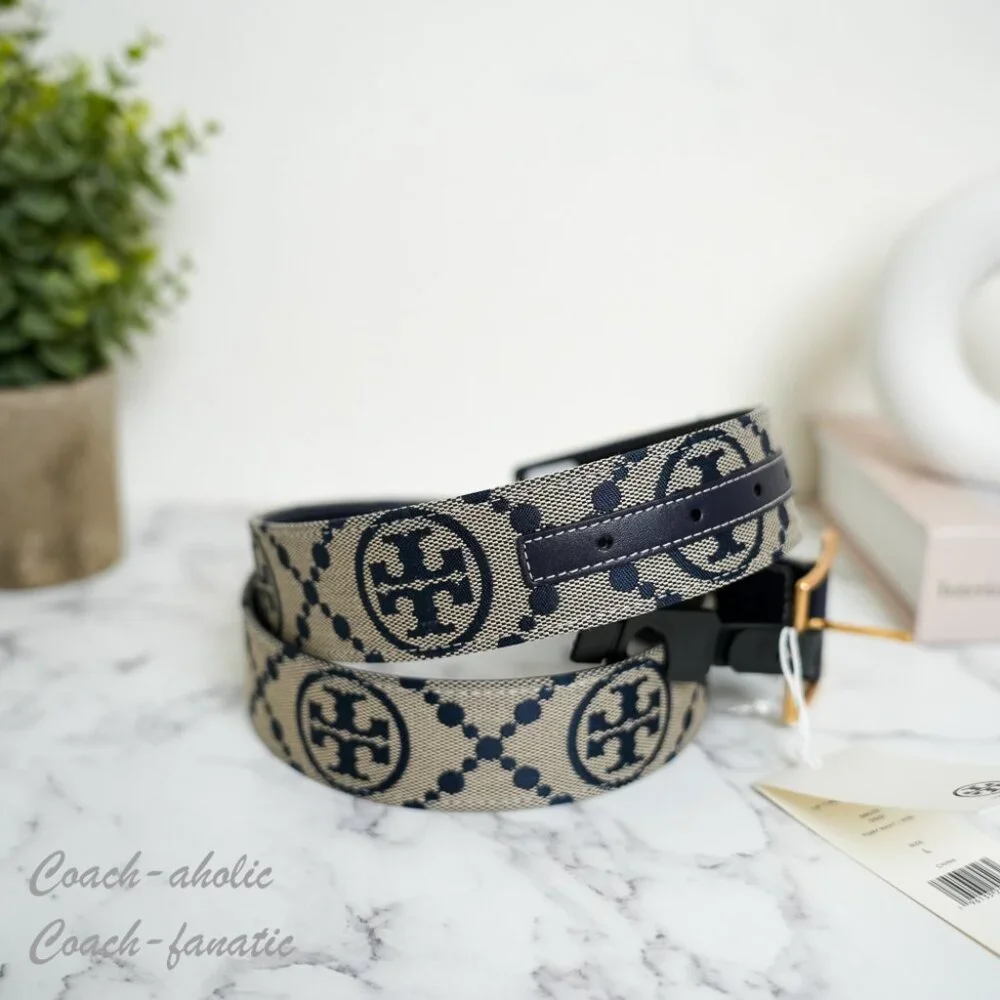 NWT Tory Burch 88072 1.5" T Monogram Logo Jacquard Leather Belt Size M/L_5